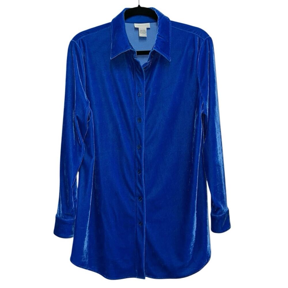 Soft Surroundings Blue Velvet Button Front Blouse Medium Long Sleeve Stretch Top